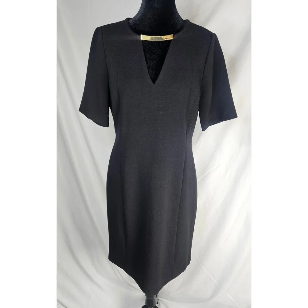 Michael Kors Black Sheath Dress Gold Accent V-Neck Career Cocktail‎ Party Size 6